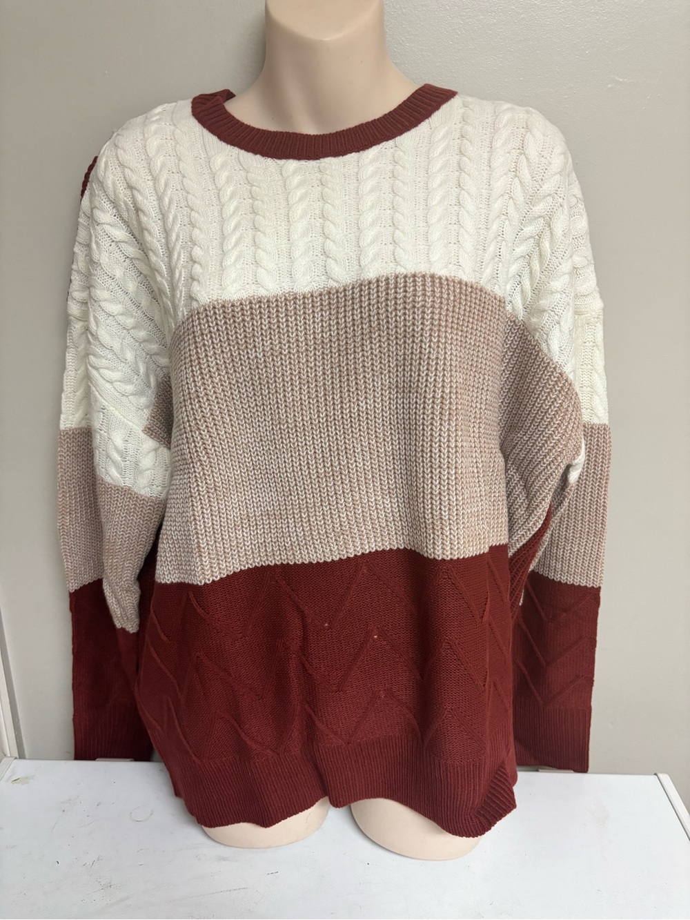 Colorblock Cable-Knit Crewneck Sweater in White, Taupe & Rust